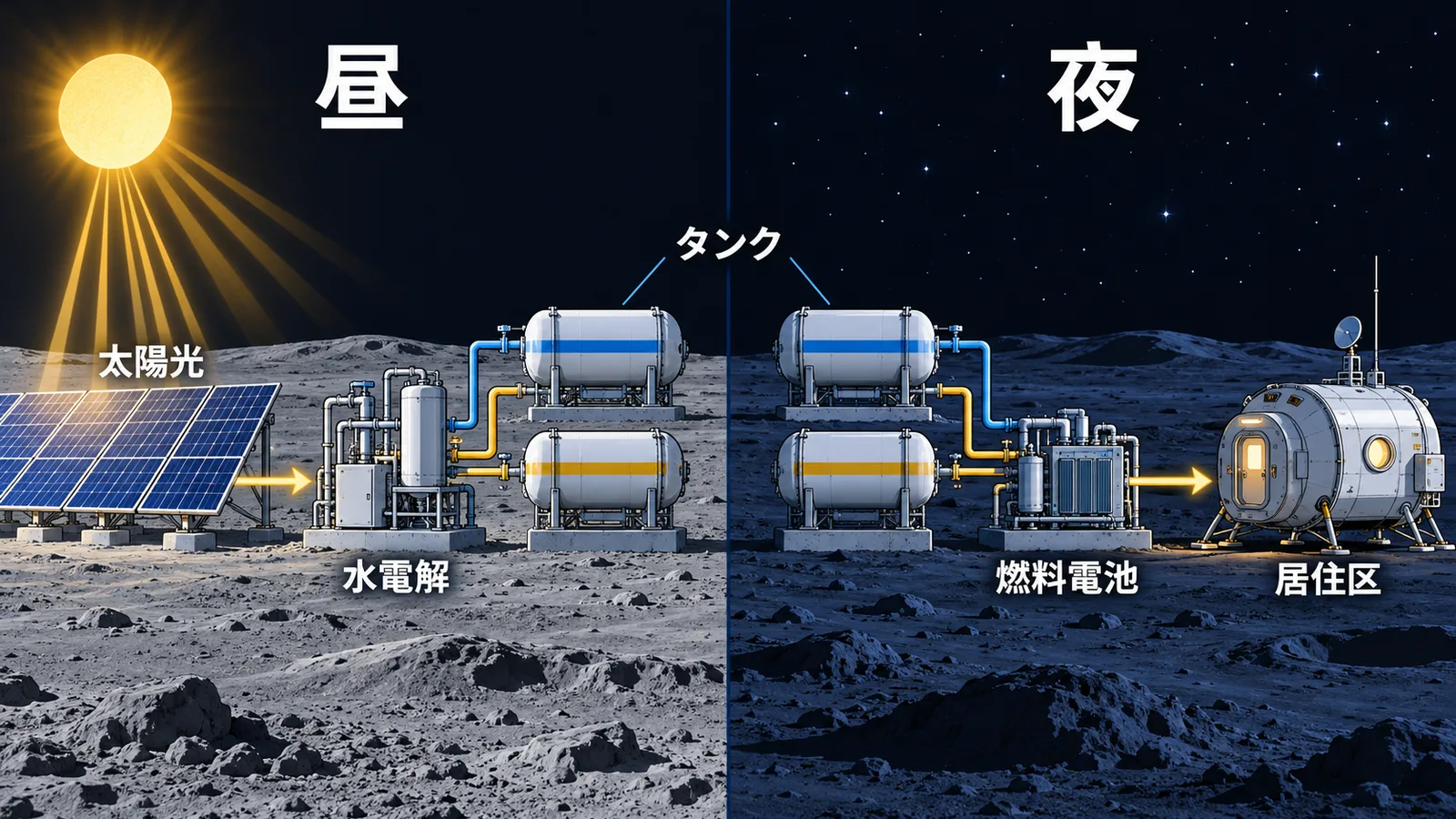 月面の昼に水素と酸素を貯め、夜に燃料電池で発電して居住区へ電力を送る仕組みを左右で比べた図