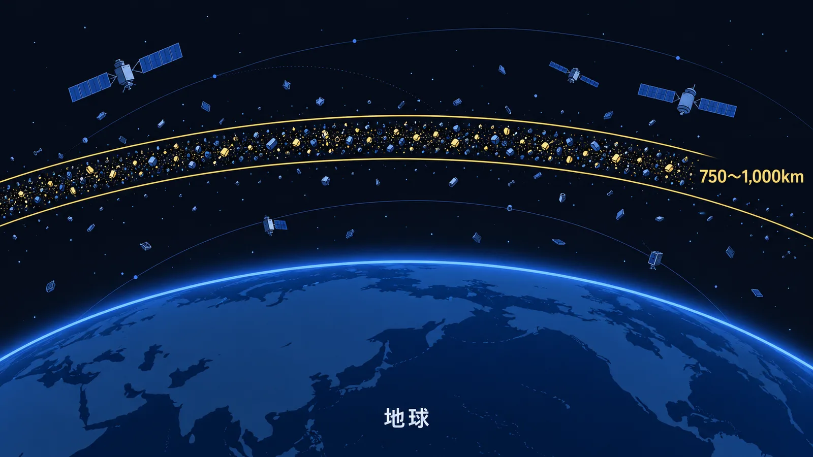 地球の上空で、高度750〜1,000km付近の帯にデブリが密集している様子を示した図