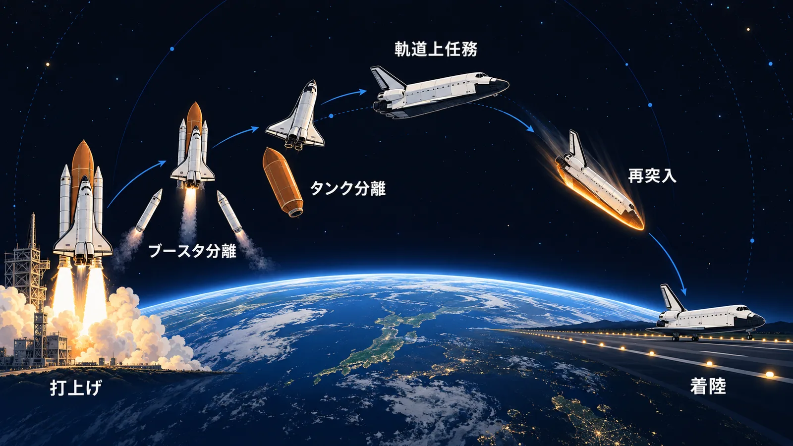 打上げ、ブースタ分離、タンク分離、軌道上任務、再突入、着陸の6段階を弧状に並べた図