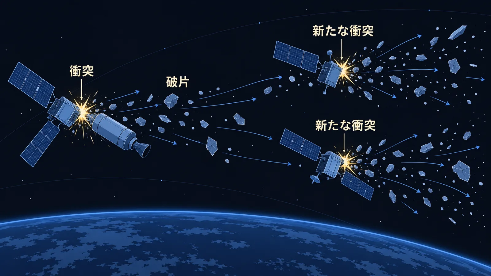 衛星どうしの衝突で生じた破片が別の衛星にぶつかり、破片が連鎖的に増えていく様子を示した図