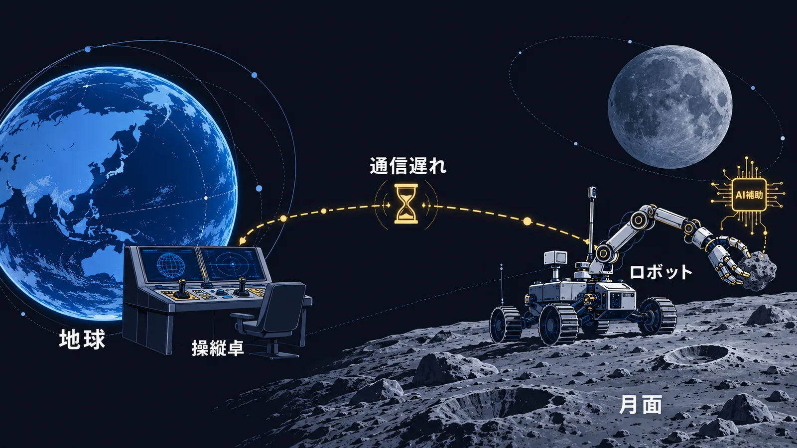 地球の操縦卓から通信の遅れを挟んで月面のロボットを操作し、AIが手の動きを補う様子の図