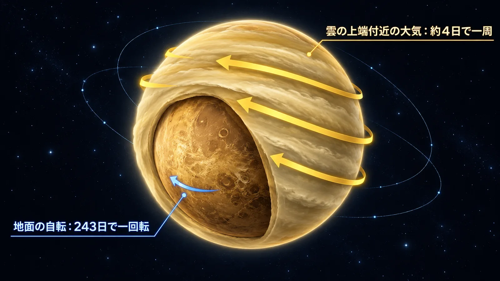 ゆっくり自転する金星の地面と、その上を高速で回る雲の層の比較図