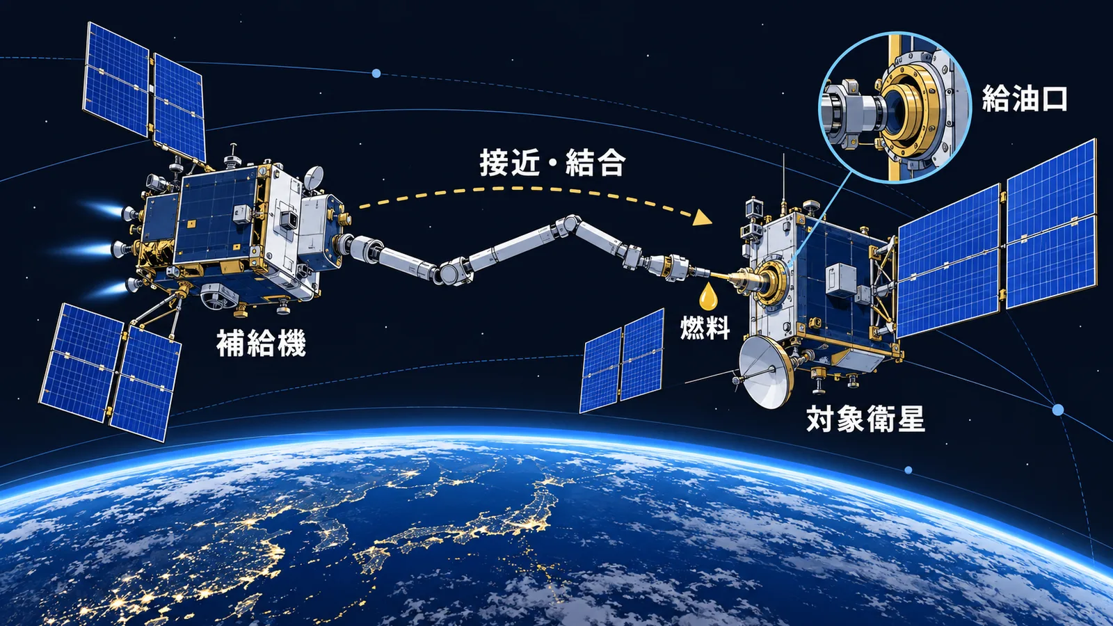 補給機が人工衛星に近づいて結合し、給油口から燃料を補給する様子の図
