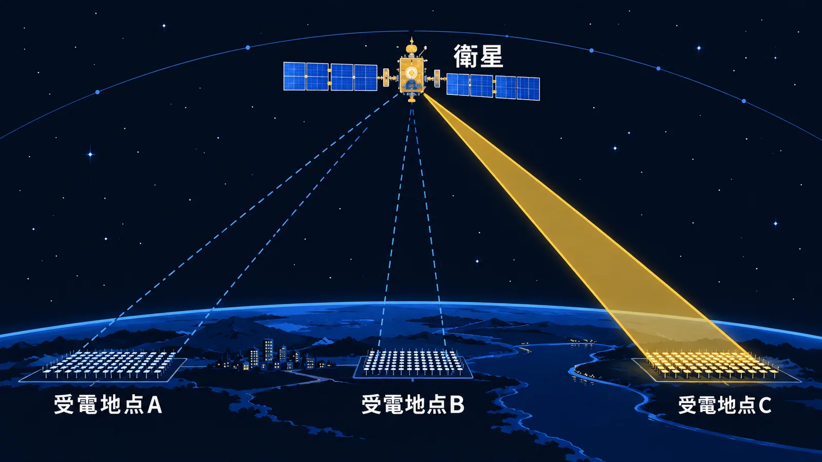 衛星からのビームを、レクテナを置いた3つの地点のうち1か所へ向けている模式図