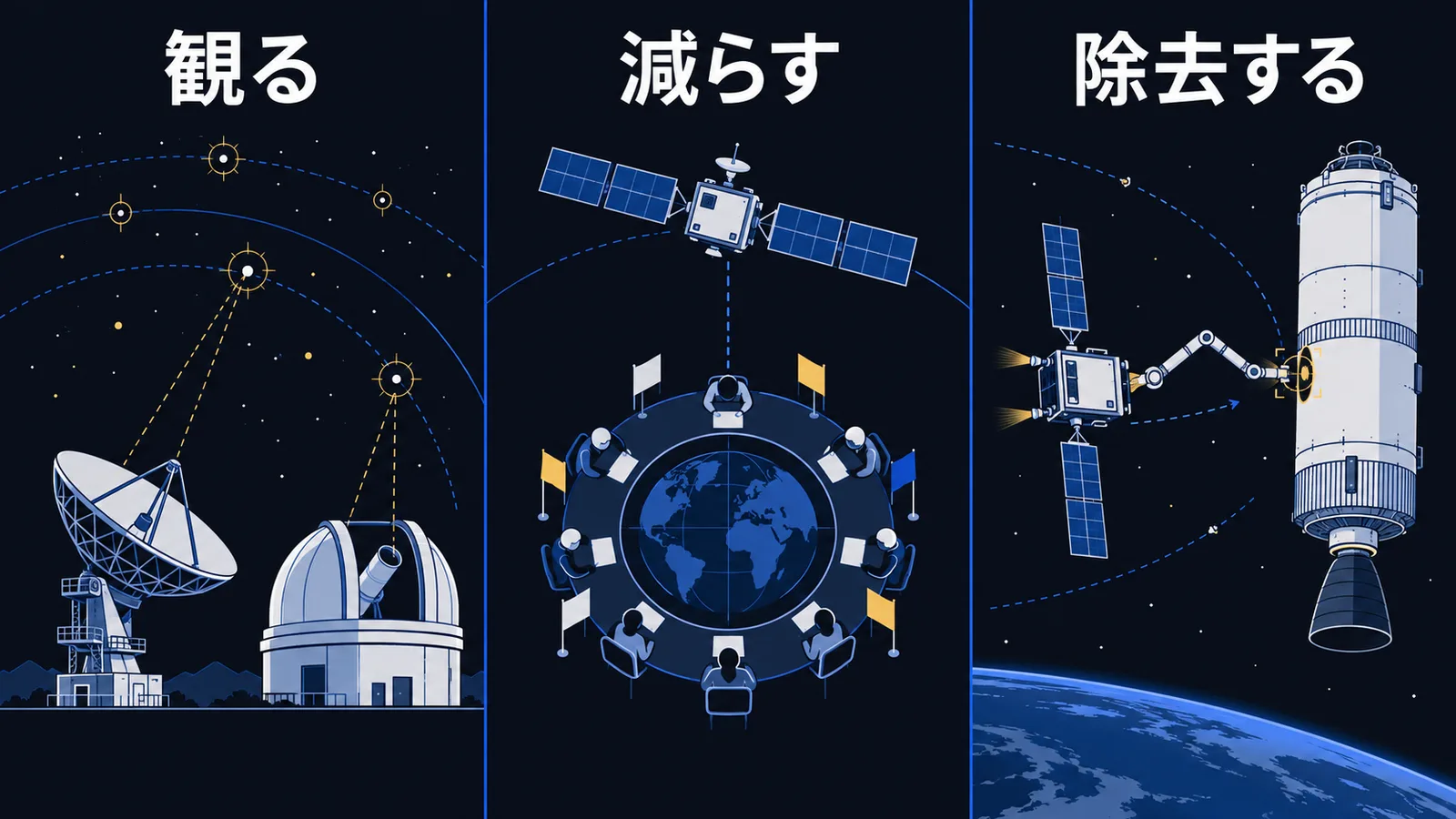レーダーと望遠鏡による観測、国際会議での標準づくり、除去衛星による大型デブリの除去という3つの対策を並べた図