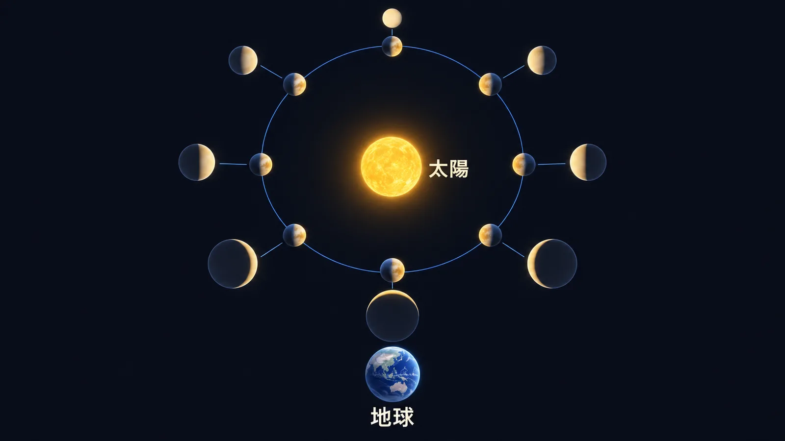 軌道上の位置によって形と大きさが変わって見える金星の満ち欠けの図