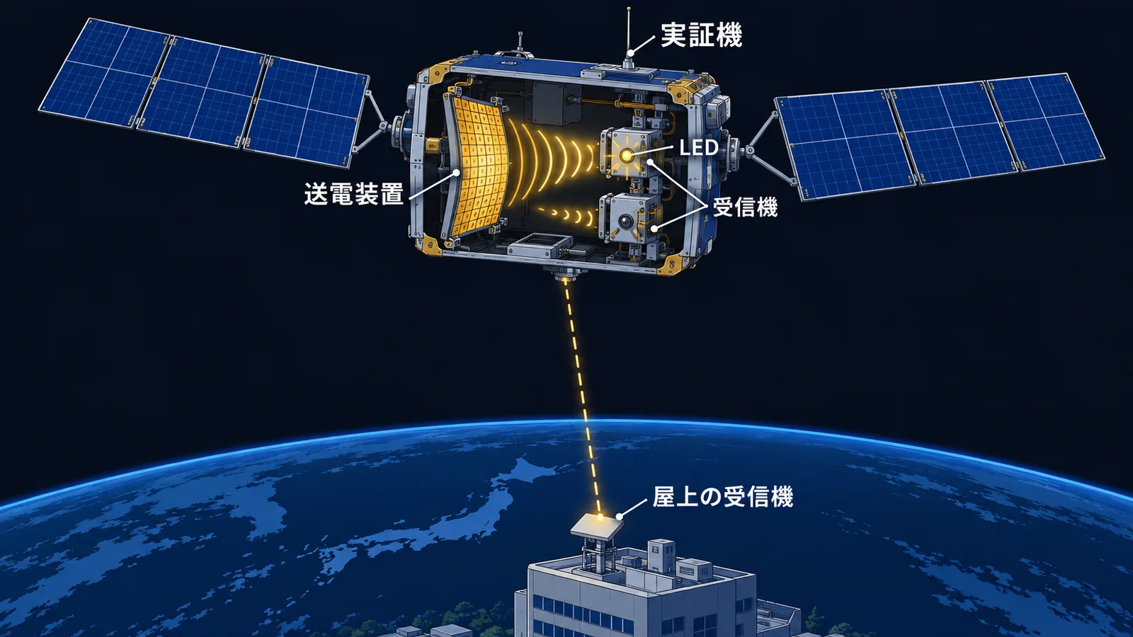実証機内の送電装置が受信機のLEDを点灯させ、地上の建物屋上の受信機でも信号を検出した実証の模式図