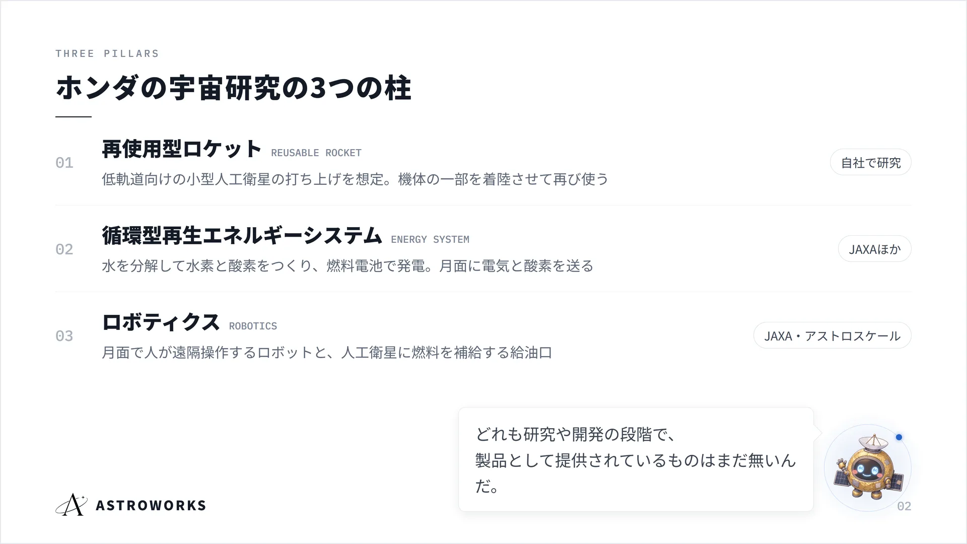 ホンダの宇宙研究の3つの柱