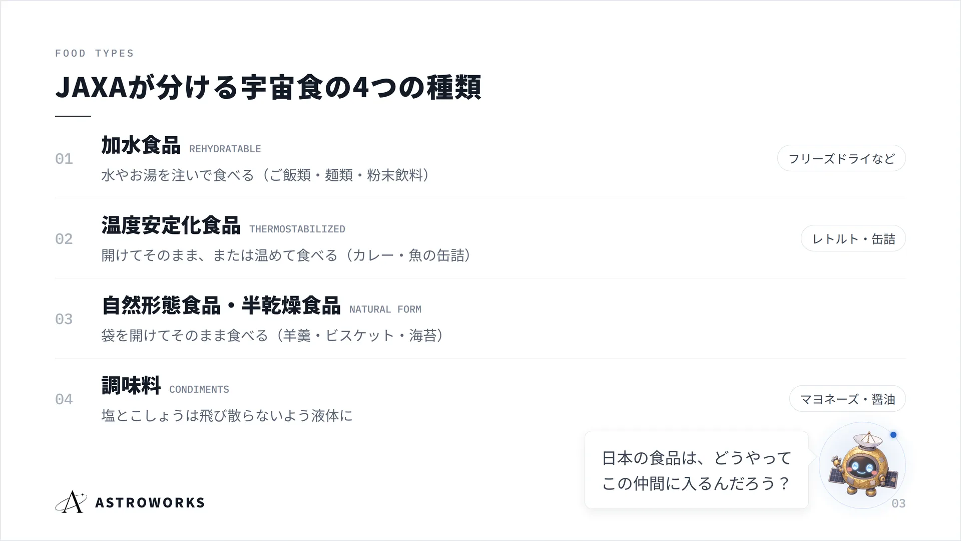JAXAが分ける宇宙食の4つの種類